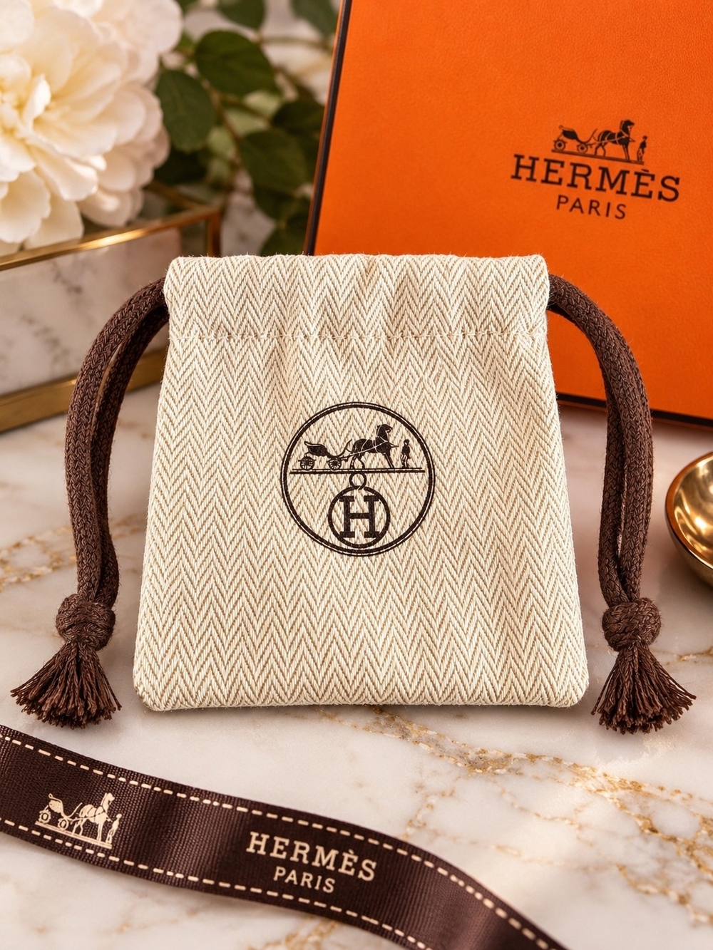 Hermès Cream Drawstring Pouch with Brown Cords
